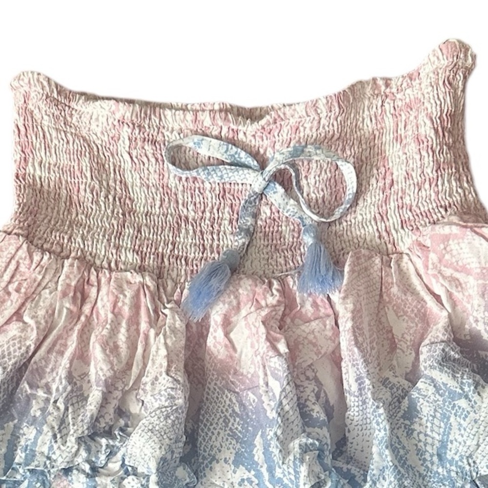 Surf Gypsy Tiered Ruffled Beach blue pink snakeskin smocked coastal mini skirt M - Picture 5 of 11